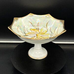 Vintage 1950's Japan Hand Painted Gold Trim Floral Pedestal Candy Dish Compote